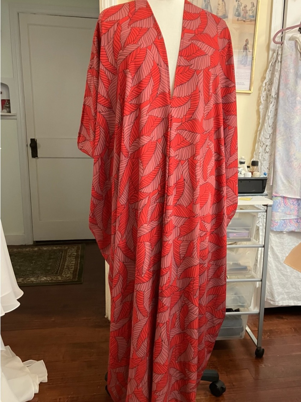 Red Leaf-Print Maxi Caftan